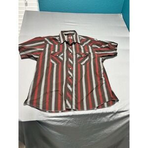 VTG Wrangler Western Shirt Mens 2XL Red Gray‎ Striped Pearl Snap Short Sleeve